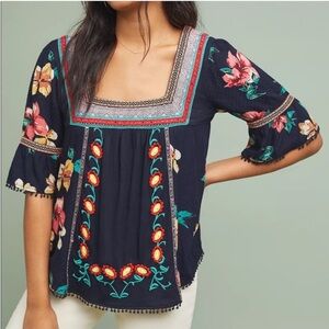 Anthropologie / Dakota Embroidered Square Neck Bell Sleeve Top Size Large